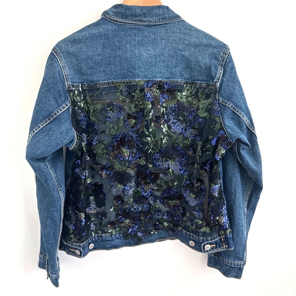 Suzy T Designs Sz L Lace Back Denim Jacket Blue Statement Couture Floral Boho - Picture 2 of 16
